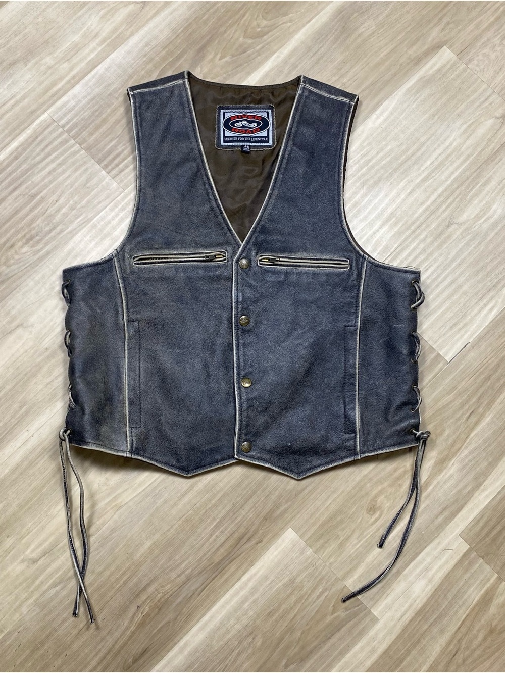 River Road Mens 46 Distressed Leather Motorcycle Vest Side Lace Biker